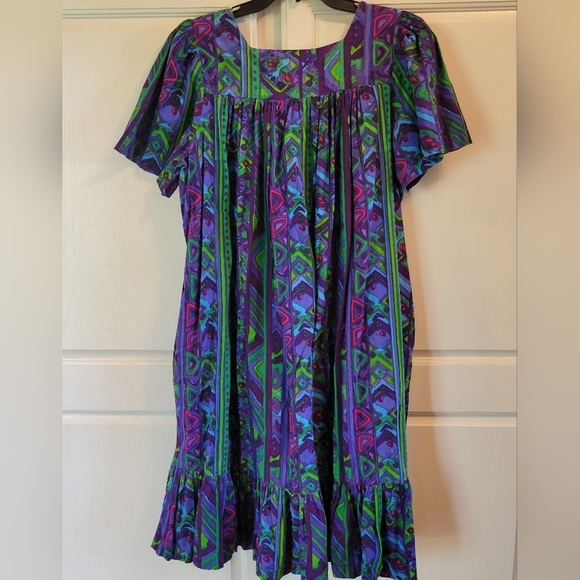 Vintage Aria Purple Pink Green Blue Abstract Print Midi Dress - Picture 2 of 5